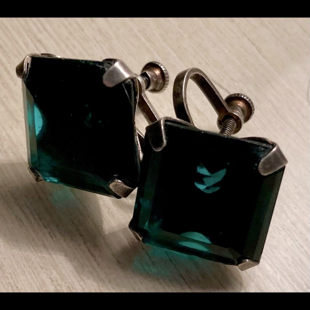 Antique Green Emerald Glass Earrings Screw Backs
